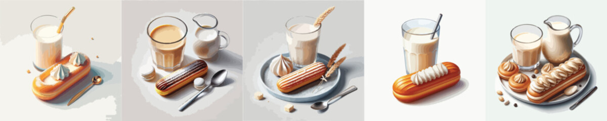 collection of sweet eclairs and milk dishes