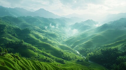 Fototapeta premium Misty green mountains and rice terraces.
