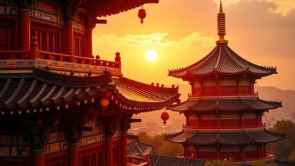 Obraz premium Sunset over Chinese Temples, Beijing - Vibrant colors/Golden Hour