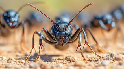 Large black ants working together in a desert habitat during the daytime
