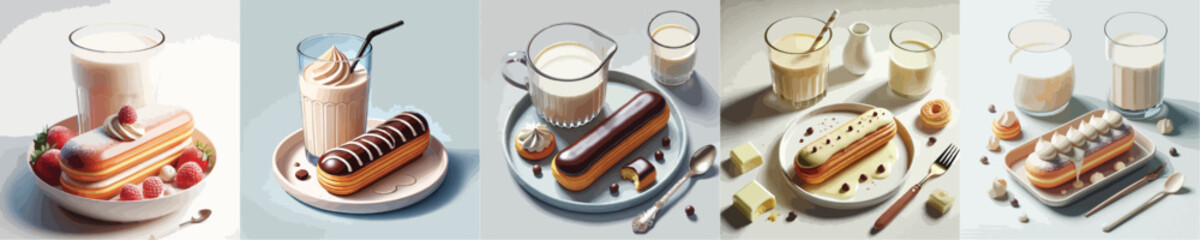 collection of sweet eclairs and milk dishes