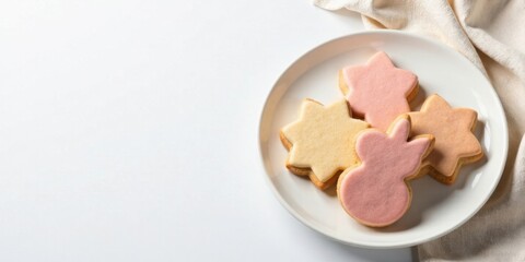 Pastel-colored iced cookies arranged on a plate with a linen napkin