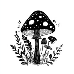 Black and white mushroom illustration with leaves and flowers on white background, sketch tattoo ideas, black and white sketch, illustration for print, for kids book, printable, minimalistic mushrooms