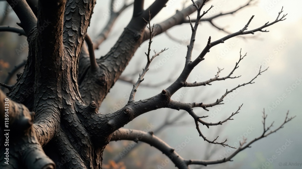 Poster detailed close-up of a dark, textured tree branch showing intricate detail