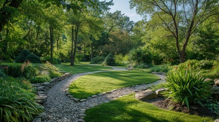 Serene Landscape with Curved Pathway Through Lush Greenery in a Beautiful Garden Setting Surrounded by Vibrant Plants, Trees, and Rocks on a Sunny Day