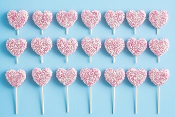 Fifteen pink heart-shaped cake pops covered with hundreds and thousands, creating a delightful pattern on a light blue backdrop, evoke feelings of love, sweetness, and celebration