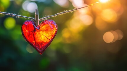 Red paper heart hanging on a clothesline at sunset.