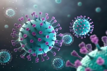 Microscopic view of viruses, spherical coronavirus particles, teal and purple color scheme