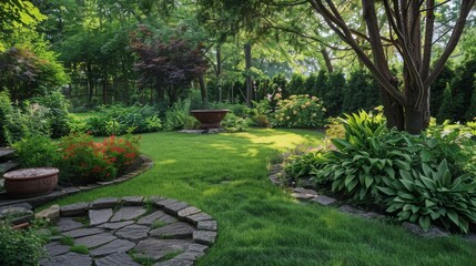 Serene Backyard Oasis with Lush Greenery, Decorative Stone Pathways, and Blooming Flower Beds under Natural Sunlight in a Peaceful Garden Setting