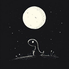 Dinosaur gazing moon, night sky, whimsical illustration, kids print