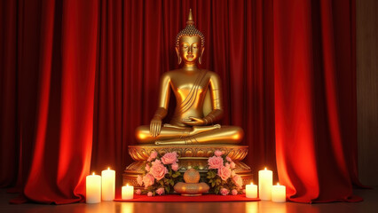 Obraz premium Golden Buddha Statue, Red Drapes, Candles - Spiritual and mindful i.