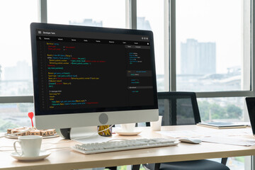 Software development programming on computer screen for modish application and program coding