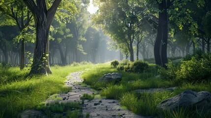 Naklejka premium Serene Forest Pathway Surrounded by Lush Greenery and Rays of Light Filtering Through Tall Trees in a Peaceful Natural Landscape