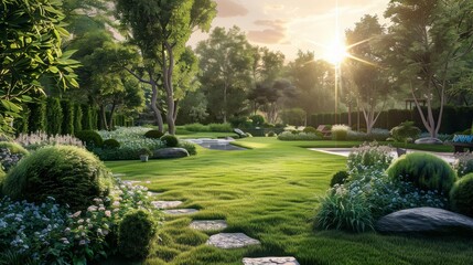 Naklejka premium Serene Natural Landscape with Lush Green Grass, Beautiful Trees, and a Tranquil Garden at Sunset, Capturing the Essence of Peace and Harmony in Nature