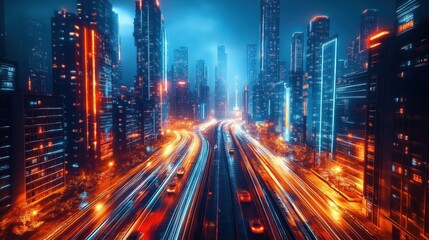 Fototapeta premium Futuristic city at night. High tech buildings illuminated with neon lights. Highway with streaks of car lights. Advanced infrastructure. Modern architecture. Dynamic urban landscape. No people. Night