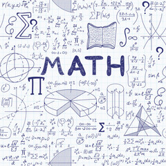Mathematical vector seamless pattern with geometrical figures and formulas and handwritten word 'Math' on a grid copybook paper