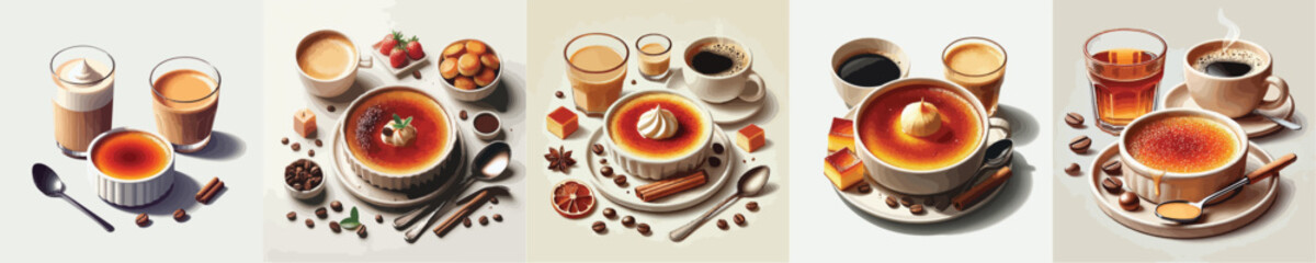 collection of creme brulee dishes and sweet drinks