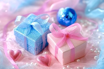 Fototapeta premium Two glittering gift boxes adorned with delicate ribbons and heart-shaped decorations create a charming scene of love and celebration for valentine's day or an anniversary