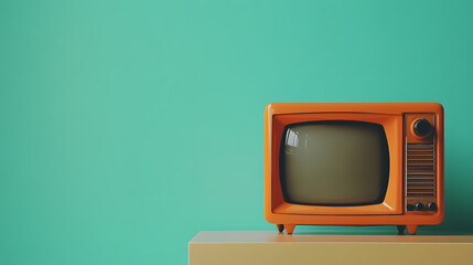 Retro orange TV receiver placed on a table, fronted by a gradient aquamarine wall in a vintage-style filtered photo