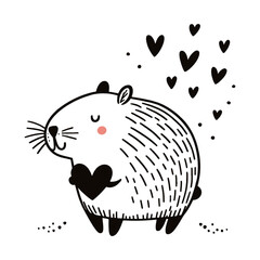 A cute cartoon doodle capybara with a heart on its chest