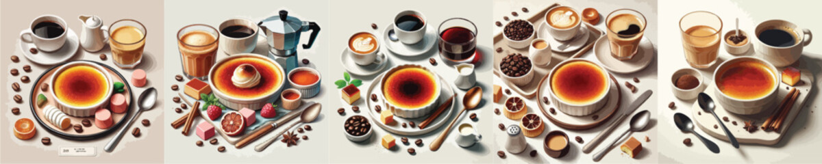collection of creme brulee dishes and sweet drinks