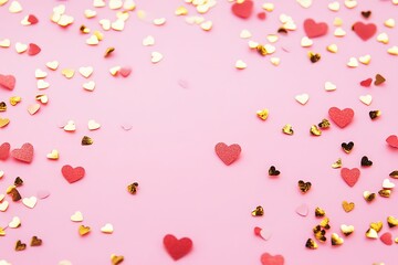 Many multi-colored marshmallows in the shape of hearts are scattered randomly. Festive background.
