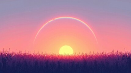 Serene Sunset Landscape with a Vibrant Rainbow Arc Over Silhouetted Grass