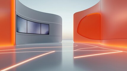 Modern virtual studio background suitable for news broadcasts online shows. Empty room with gray, orange walls. Multiple screens visible showing media content. Futuristic feel created by glowing