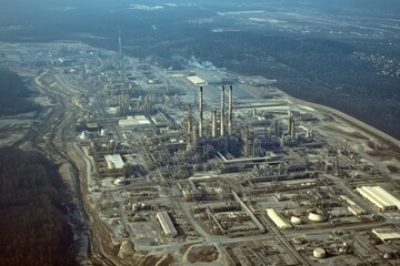 Aerial View of a Sprawling Gas Plant Surrounded by Barren Landscape and Captured in Midday Lighting, Showcasing Extensive Industrial Infrastructure and Operations