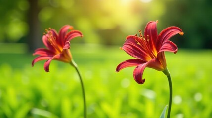 Fototapeta premium Two vibrant red lilies bask in sunlight, flourishing amidst a verdant meadow