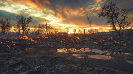 Dramatic Sunset Over Charred Landscape After Wildfire with Smoke and Remnants of a Burned Forest