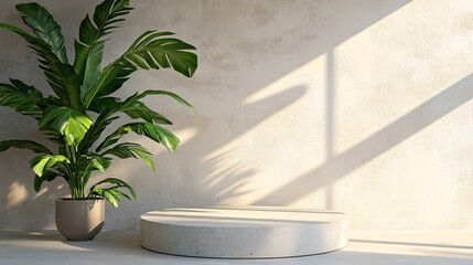 Modern interior with green plant and circular pedestal during sunlit afternoon