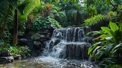 Fototapeta premium Serene Tropical Waterfall Cascading Amidst Lush Green Foliage in a Silent Oasis Surrounded by Exotic Plants and Vibrant Nature for Tranquility and Relaxation