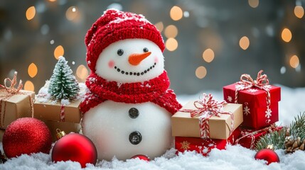 Obraz premium Festive Snowman with Gifts and Holiday Decorations