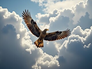 Fototapeta premium Bird of Prey in Flight Against Cloudy Sky