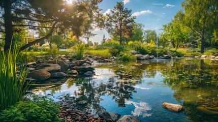 Fototapeta premium Serene Natural Landscape with Lush Green Vegetation and Peaceful Waters Reflecting Blue Sky and Fluffy Clouds in a Tranquil Environment