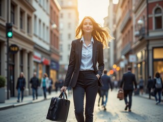 Businesswoman Walking City Street with Briefcase