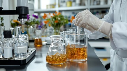 Modern Laboratory Researcher Conducting Biotechnological Chemistry Experiments with Beakers and Pipettes