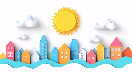 Colorful paper cutout cityscape with sun and clouds over blue wave design