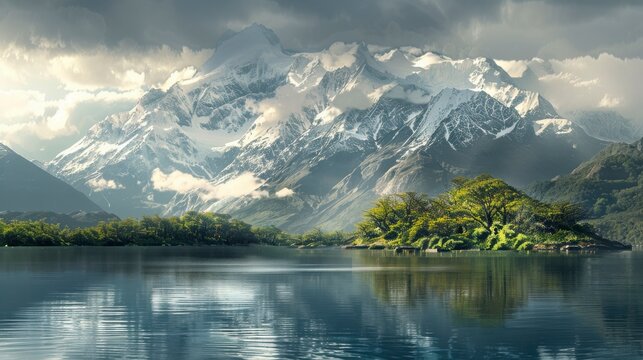 Majestic Mountain Scene with Snow-Capped Peaks and Serene Lake Surrounded by Lush Greenery Under a Dramatic Sky Filled with Clouds and Reflections