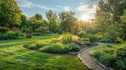 Fototapeta premium Tranquil Garden Landscape During Golden Hour with Lush Greenery, Vibrant Flowers, and a Peaceful Pathway Under Soft Morning Light