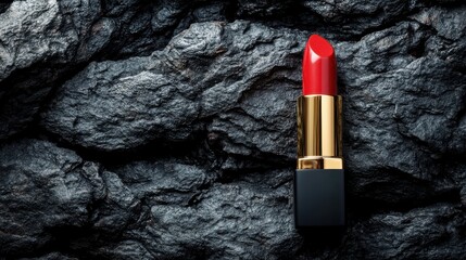Stunning Red Lipstick Placed Elegantly on a Black Textured Background Perfect for Beauty and Cosmetics Related Projects