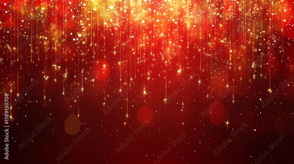 Poster glittering gold and red sparkling festive background with glowing particles