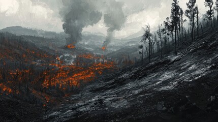Fototapeta premium Devastating Wildfire in Forest Landscape with Smoke and Flames Sweeping Through the Hills and Trees