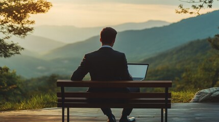 Businessman working on laptop outdoors, enjoying mountain view at sunset.