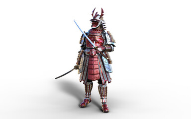 Fototapeta premium Futuristic Red Samurai Warrior in Battle-Ready Armor