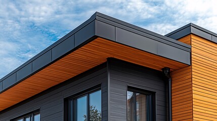 A stylish building features a mix of dark wood and light timber