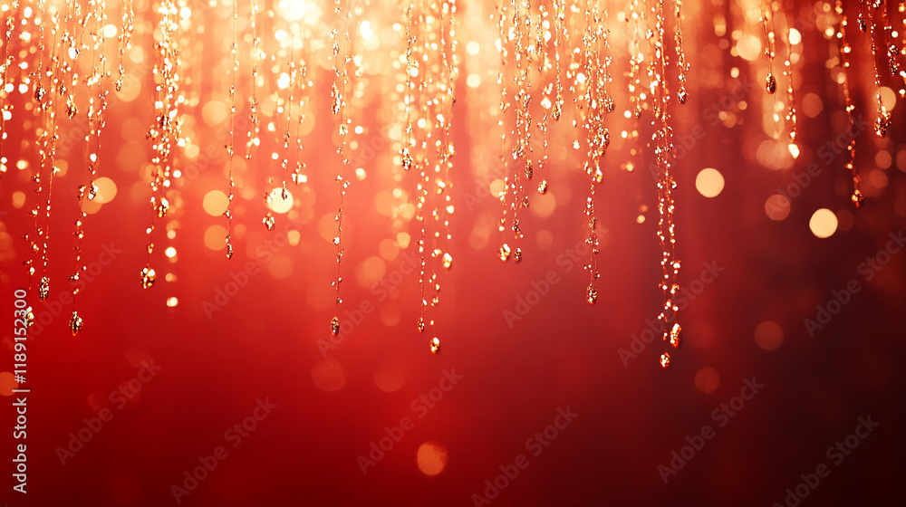 Poster golden light drops with bokeh effect on a vibrant red background