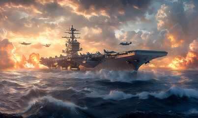 Aircraft Carrier Sunset Battle Ocean War