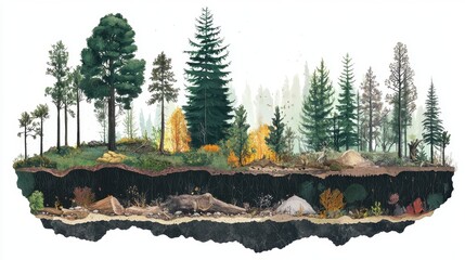 Detailed Illustration of Forest Layers Showing Tree Types, Soil Composition, and Hidden Wildlife Habitats in Nature
